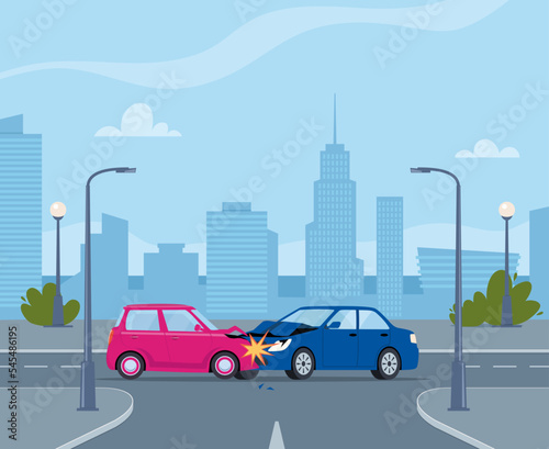 Car accident. Damaged transport on city street. Collision of two cars, side view. Road collisition. Damaged transport. Collision on road, safety of driving personal vehicles, car insurance. Vector. © Alena