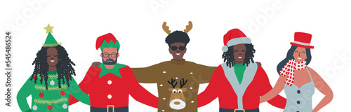 Christmas party. Young people wearing Christmas costumes. Best friends hug. There is Santa Claus, Christmas tree, Elf, Snowman and Deer in the picture. Diverse group of people. Vector illustration