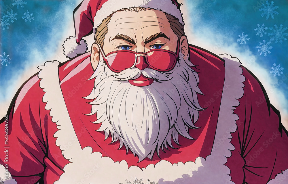 cartoon painting of santa claus wearing sunglasses and a santa suit with snowflakes on it's back