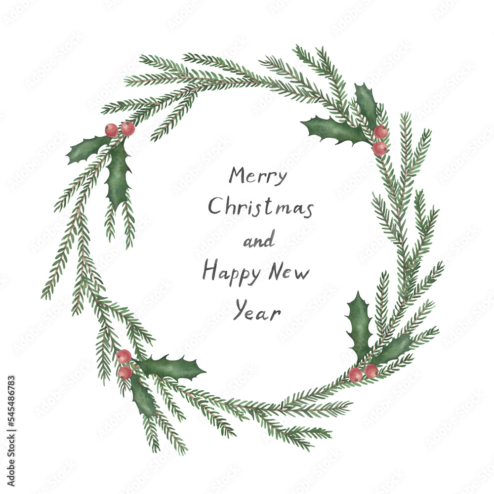 Christmas isolated wreath with spruce branches and holly on white background. Watercolor hand drawn illustration. Winter decor Christmas isolated wreath with spruce branches and holly on white background. Watercolor hand drawn illustration. Winter decor