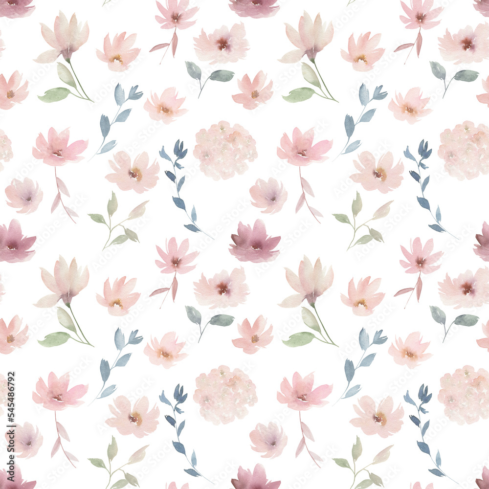 Watercolor seamless pattern. Floral illustration. Hand drawn  print on white background