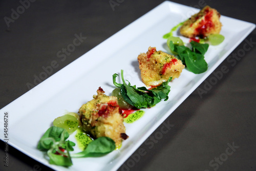 A plate with snacks made of grilled ingredients with sauce and vegetables