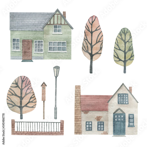 Watercolor  collection with housers, trees on white background. Vintage hand drawn illustration photo