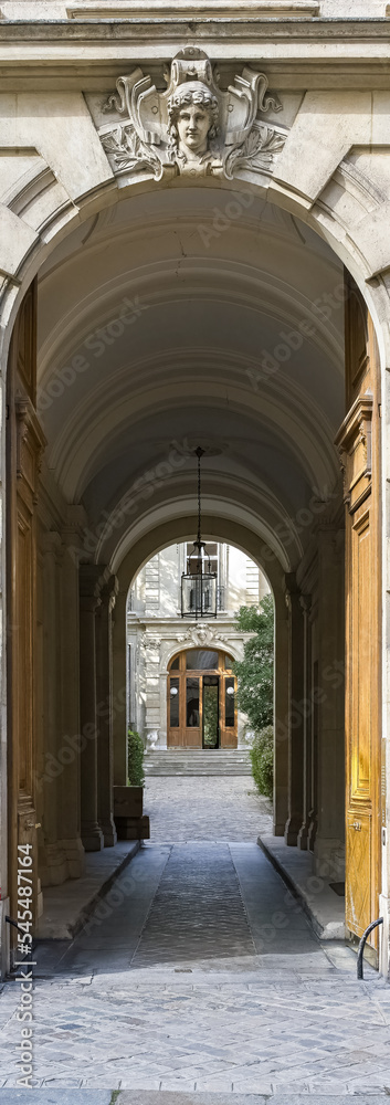 Paris, a wooden door, typical building in the 7th arrondissement, a luxury district
