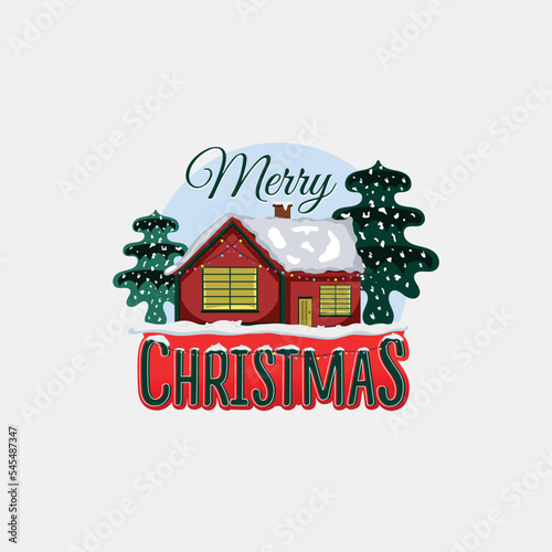 merry Christmas sticker with vector house illustration snow trees and Christmas lights