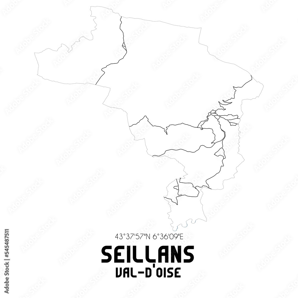 SEILLANS Val-d'Oise. Minimalistic street map with black and white lines.