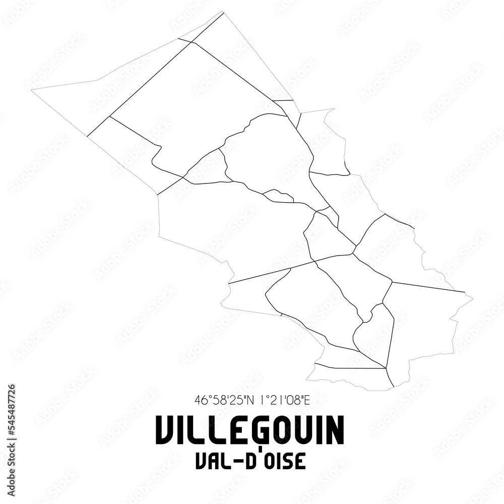 VILLEGOUIN Val-d'Oise. Minimalistic street map with black and white lines.