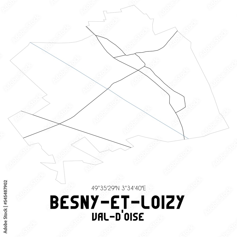 BESNY-ET-LOIZY Val-d'Oise. Minimalistic street map with black and white lines.