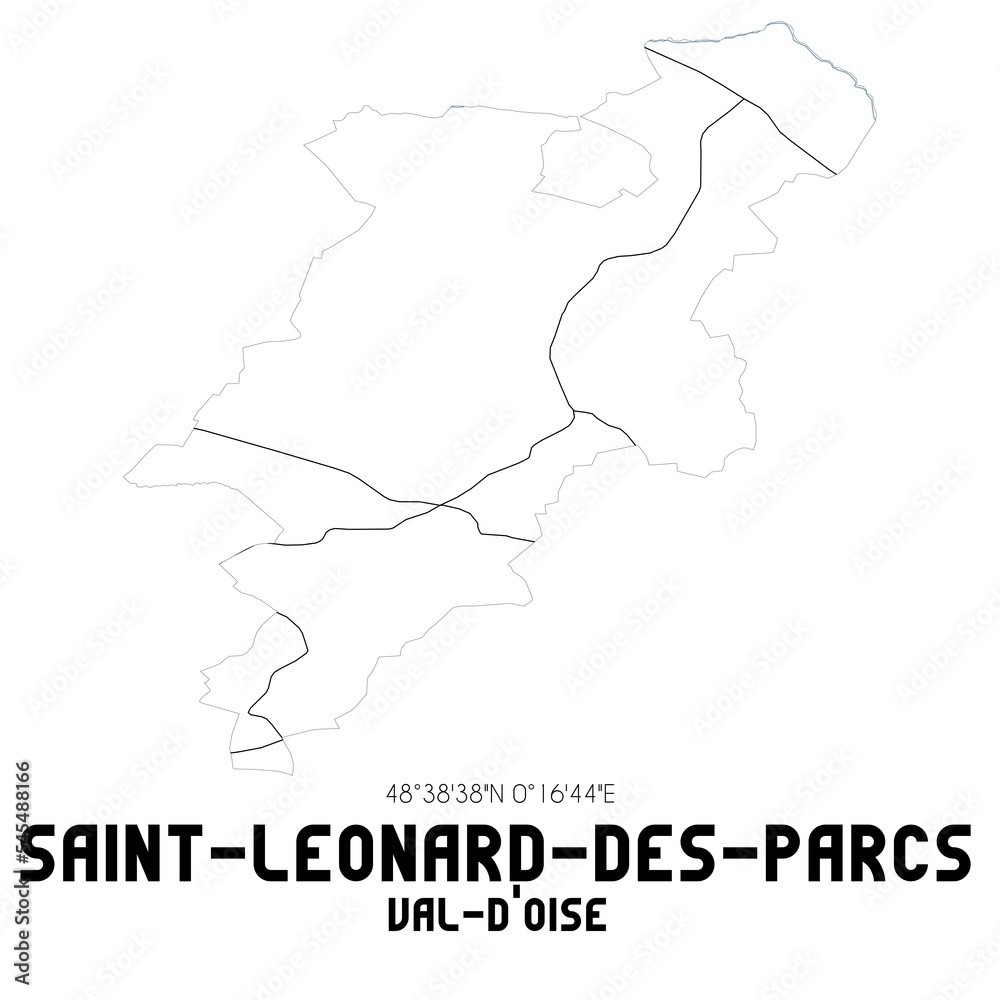 SAINT-LEONARD-DES-PARCS Val-d'Oise. Minimalistic street map with black and white lines.