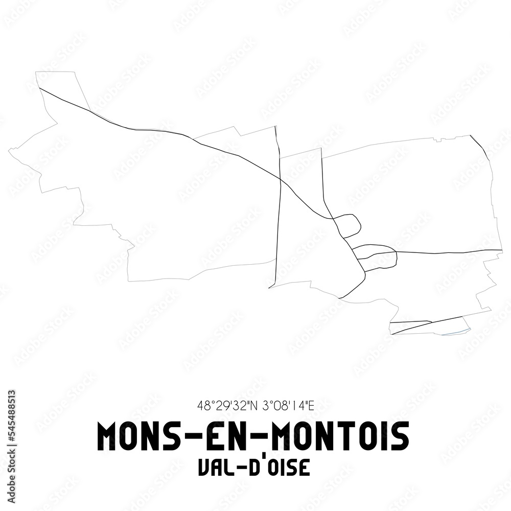 MONS-EN-MONTOIS Val-d'Oise. Minimalistic street map with black and white lines. MONS-EN-MONTOIS Val-d'Oise. Minimalistic street map with black and white lines.