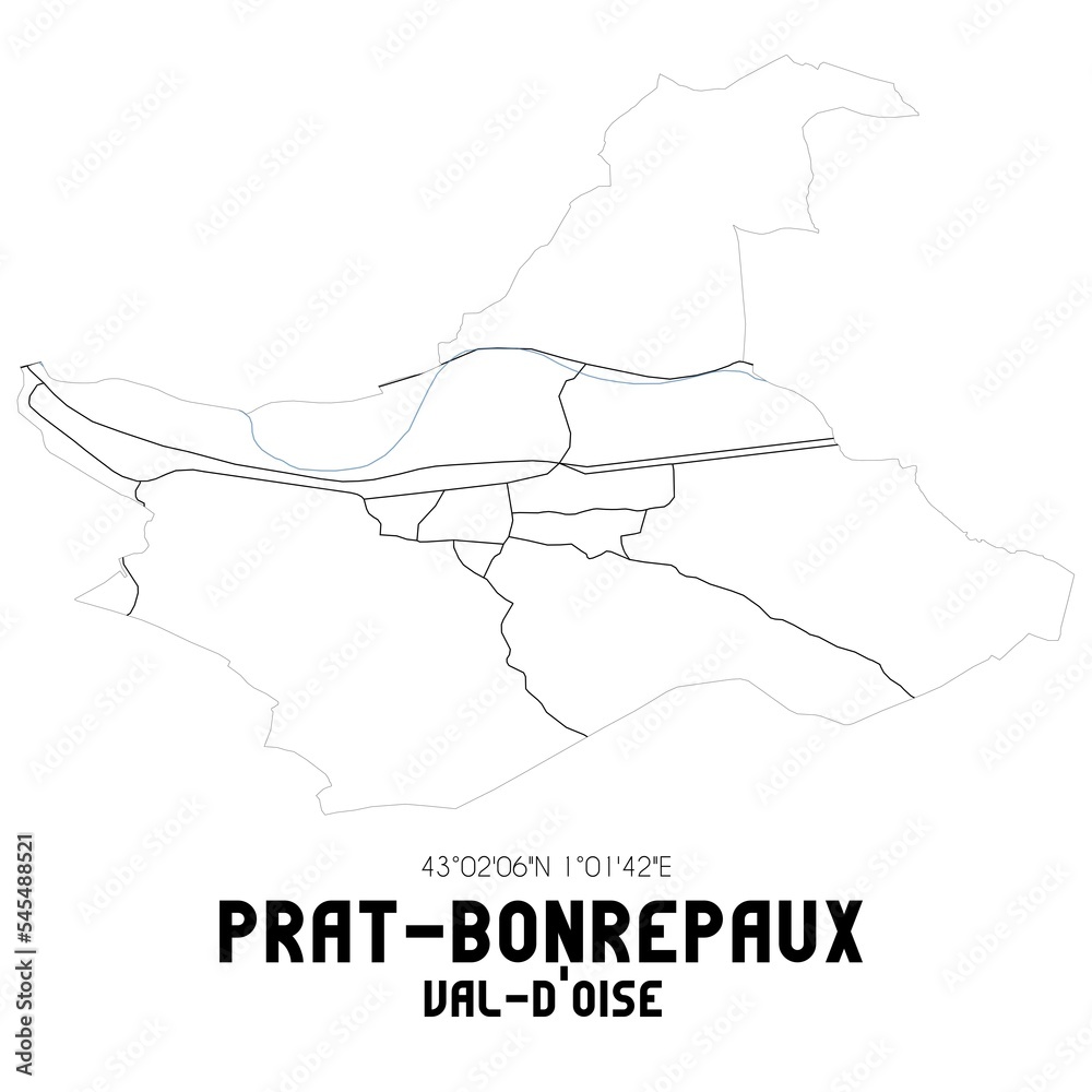 PRAT-BONREPAUX Val-d'Oise. Minimalistic street map with black and white lines.