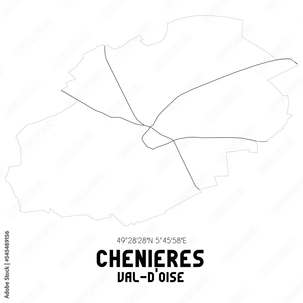 CHENIERES Val-d'Oise. Minimalistic street map with black and white lines. CHENIERES Val-d'Oise. Minimalistic street map with black and white lines.