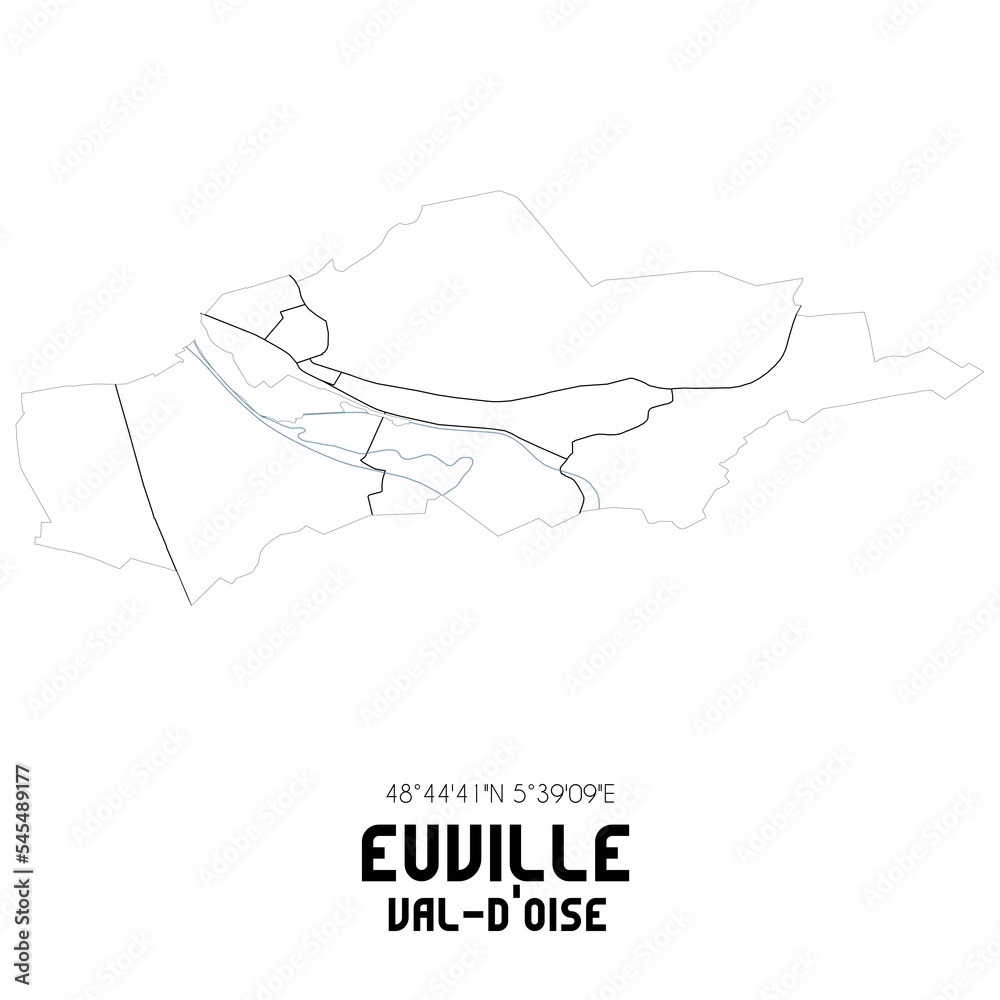 EUVILLE Val-d'Oise. Minimalistic street map with black and white lines. EUVILLE Val-d'Oise. Minimalistic street map with black and white lines.