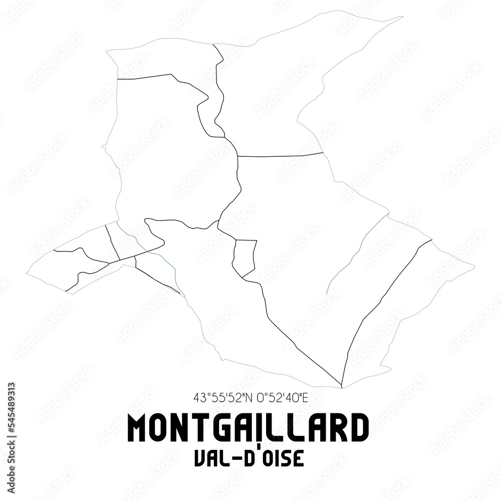 MONTGAILLARD Val-d'Oise. Minimalistic street map with black and white lines. MONTGAILLARD Val-d'Oise. Minimalistic street map with black and white lines.