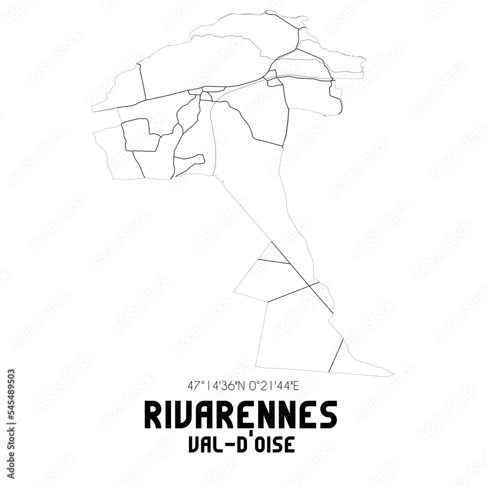 RIVARENNES Val-d'Oise. Minimalistic street map with black and white lines. RIVARENNES Val-d'Oise. Minimalistic street map with black and white lines.