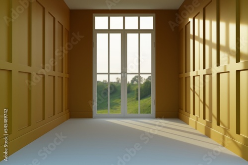 Empty modern room with a huge window. The concept of furnishing a room, apartment. 3d rendering, 3d illustration.
