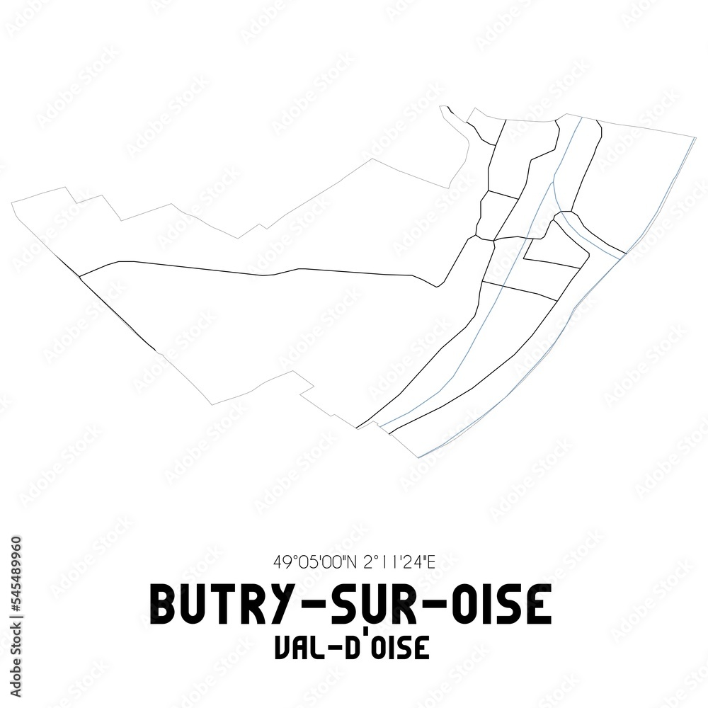 BUTRY-SUR-OISE Val-d'Oise. Minimalistic street map with black and white lines.