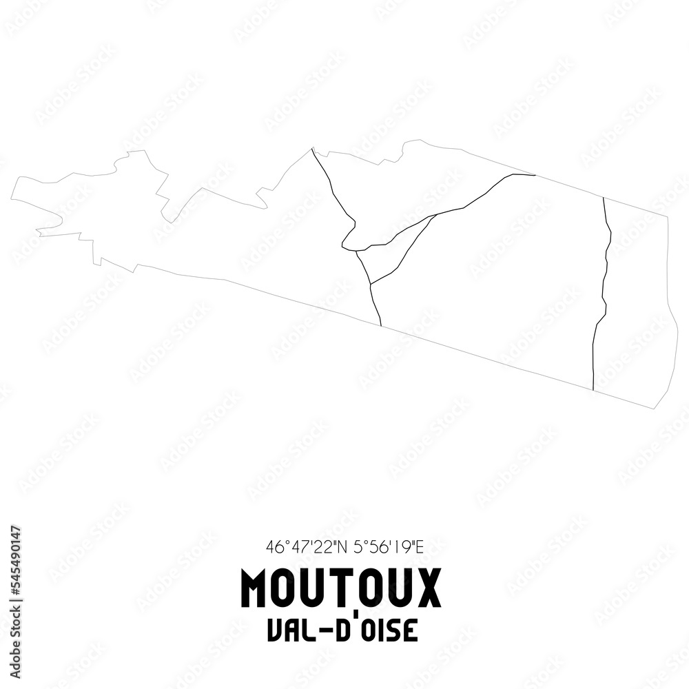 MOUTOUX Val-d'Oise. Minimalistic street map with black and white lines. MOUTOUX Val-d'Oise. Minimalistic street map with black and white lines.