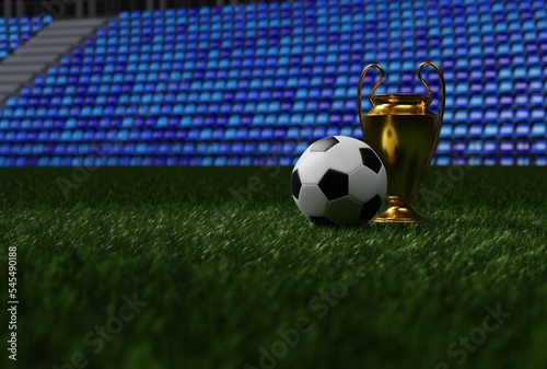 Ball on the grass and a cup. The concept of winning soccer tournaments. Competition on the soccer field. 3D render, 3D illustration. © Sebastian