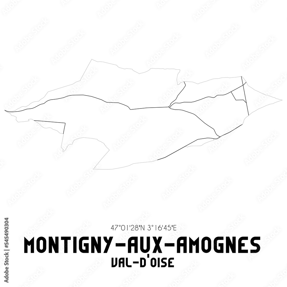 MONTIGNY-AUX-AMOGNES Val-d'Oise. Minimalistic street map with black and white lines. MONTIGNY-AUX-AMOGNES Val-d'Oise. Minimalistic street map with black and white lines.