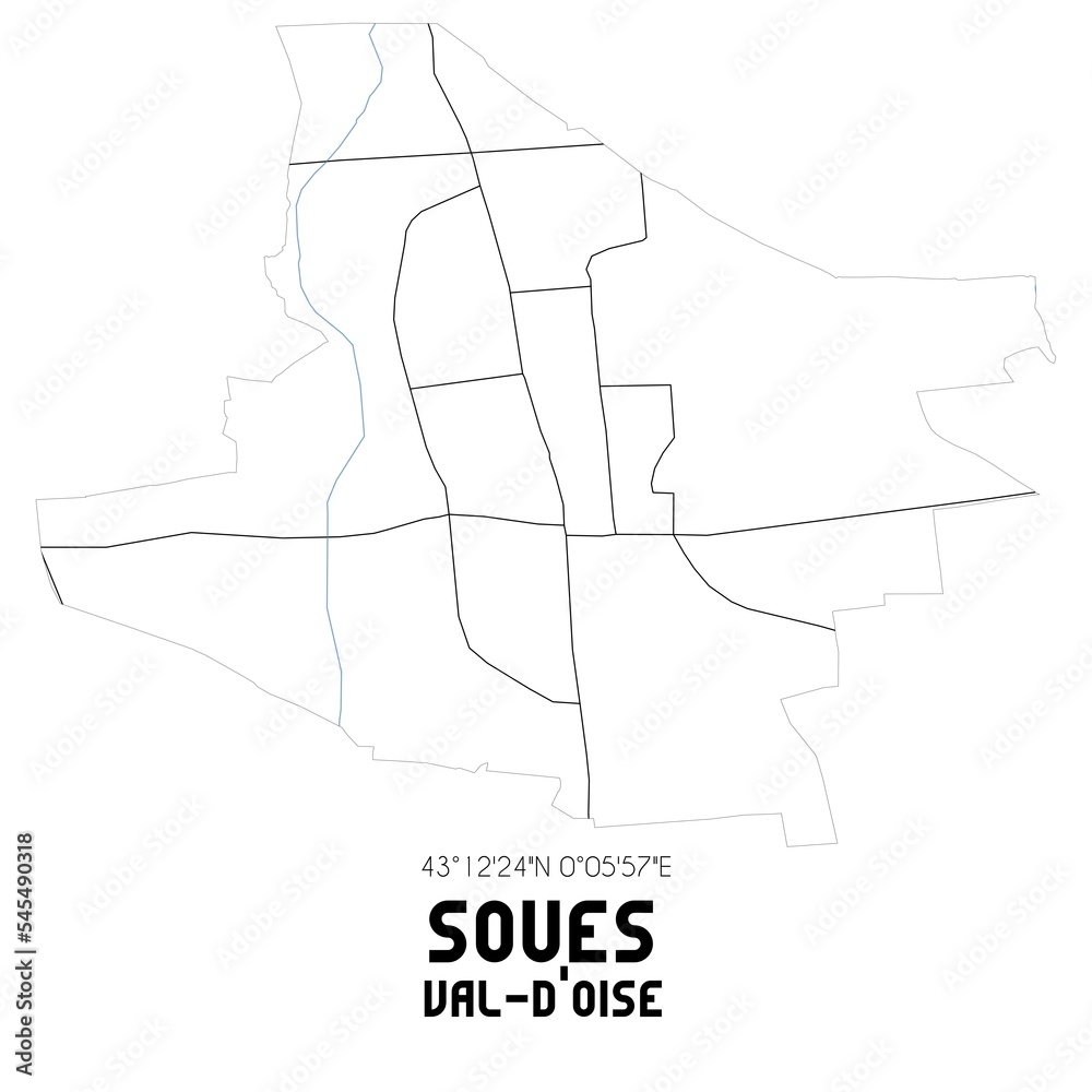 SOUES Val-d'Oise. Minimalistic street map with black and white lines.