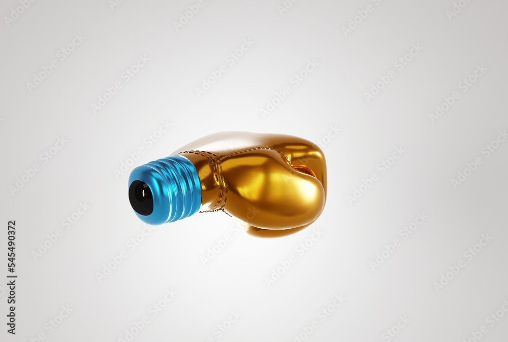 A boxing glove with a bulb tip on a light background. Business concept, climbing the career ladder, fighting for promotion. 3D render; 3D illustration.