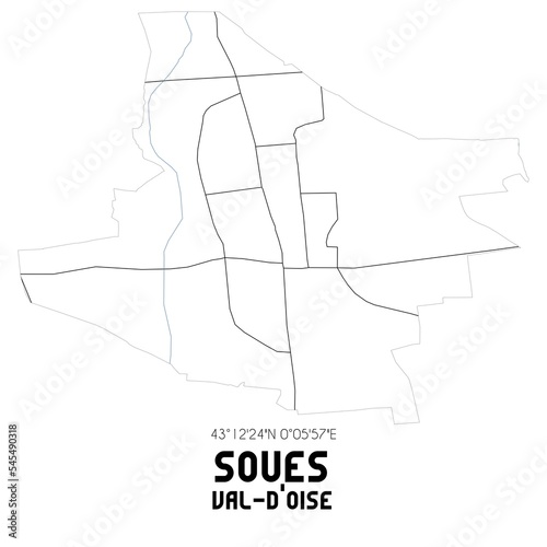 SOUES Val-d Oise. Minimalistic street map with black and white lines.