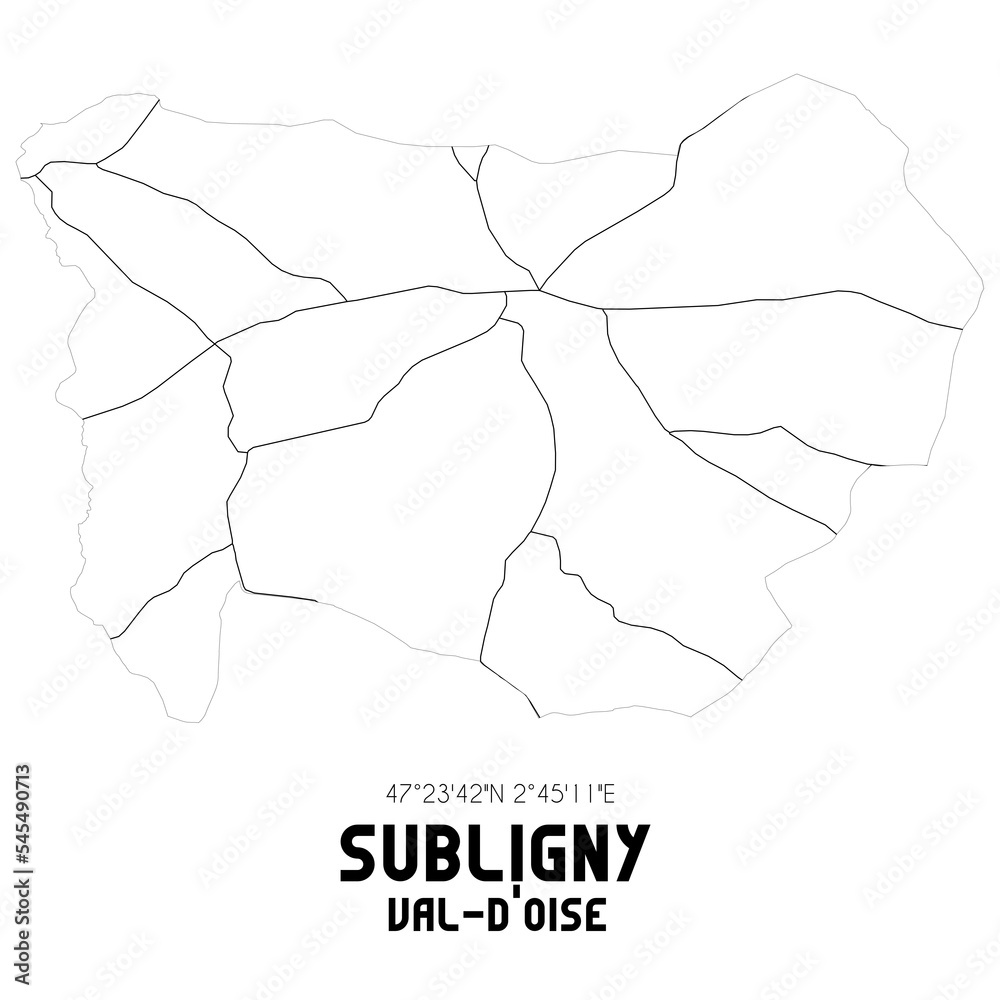 SUBLIGNY Val-d'Oise. Minimalistic street map with black and white lines. SUBLIGNY Val-d'Oise. Minimalistic street map with black and white lines.