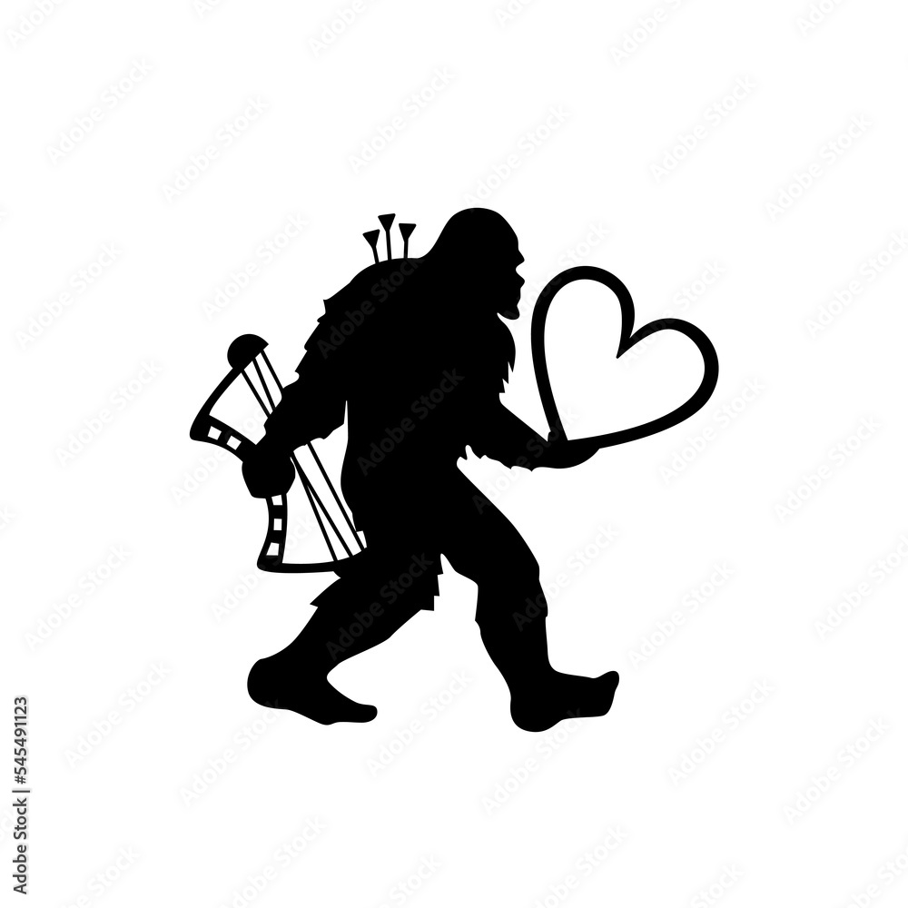 Bigfoot with heart, bow and arrows. Valentines' day Yeti silhouette. T shirt design. Vector illustration. Bigfoot with heart, bow and arrows. Valentines' day Yeti silhouette. T shirt design. Vector illustration.