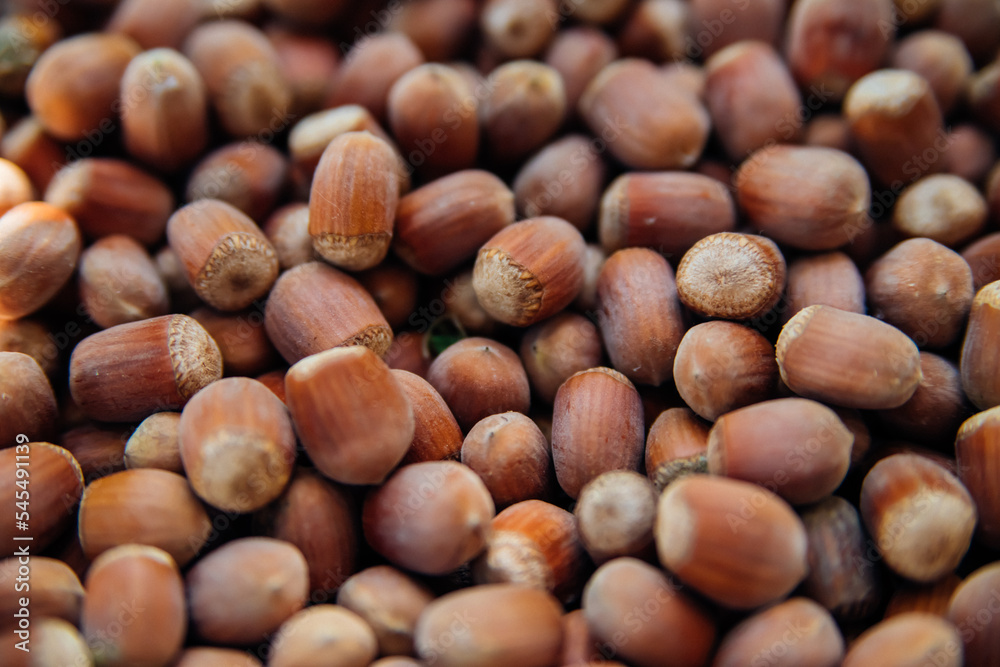 Photo of a hazelnut. The concept of an autumn background made of hazelnuts, healthy, organic brown hazelnuts. Food background. Photo of a hazelnut. The concept of an autumn background made of hazelnuts, healthy, organic brown hazelnuts. Food background.