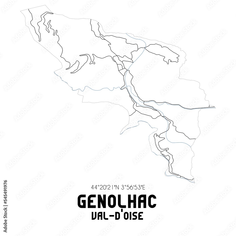 GENOLHAC Val-d'Oise. Minimalistic street map with black and white lines. GENOLHAC Val-d'Oise. Minimalistic street map with black and white lines.