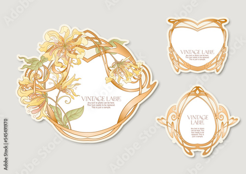 Decorative flowers and leaves in art nouveau style, vintage, old, retro style. Border, frame, template for product label, cosmetic packaging. Easy to edit. Vector illustration.