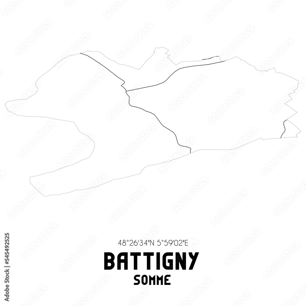 BATTIGNY Somme. Minimalistic street map with black and white lines. BATTIGNY Somme. Minimalistic street map with black and white lines.