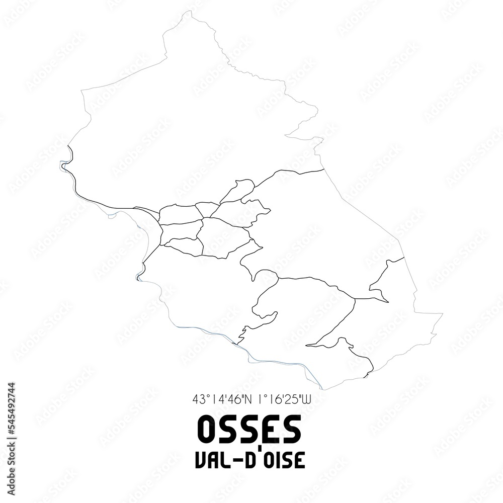 Obraz premium OSSES Val-d'Oise. Minimalistic street map with black and white lines.