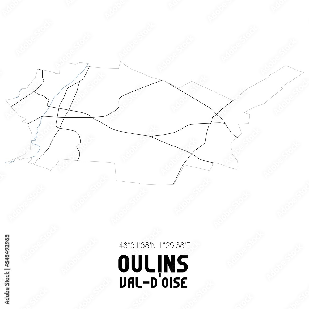 OULINS Val-d'Oise. Minimalistic street map with black and white lines.
