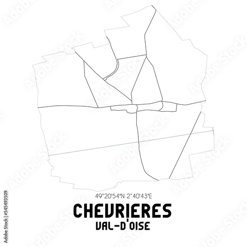CHEVRIERES Val-d Oise. Minimalistic street map with black and white lines.