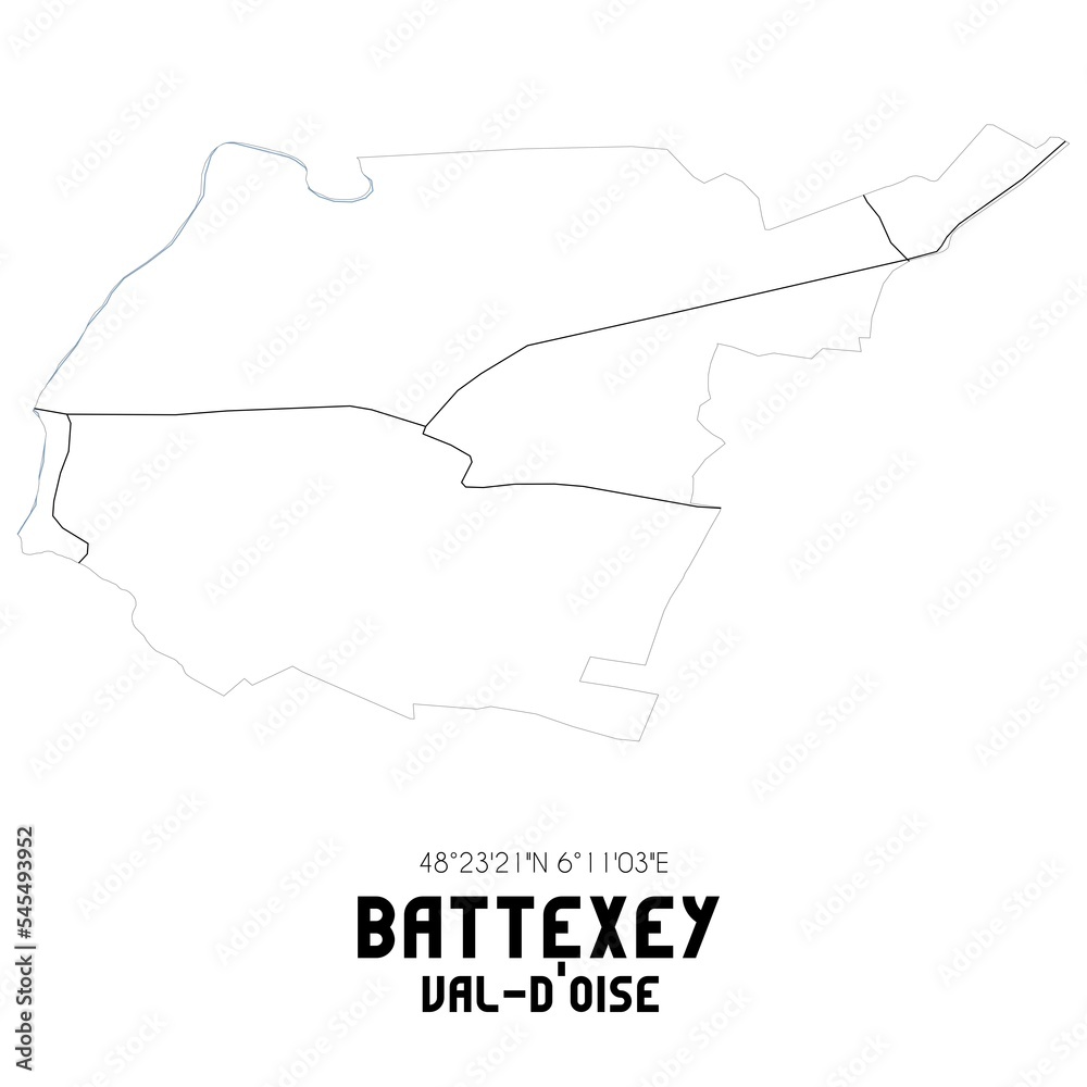 BATTEXEY Val-d'Oise. Minimalistic street map with black and white lines. BATTEXEY Val-d'Oise. Minimalistic street map with black and white lines.