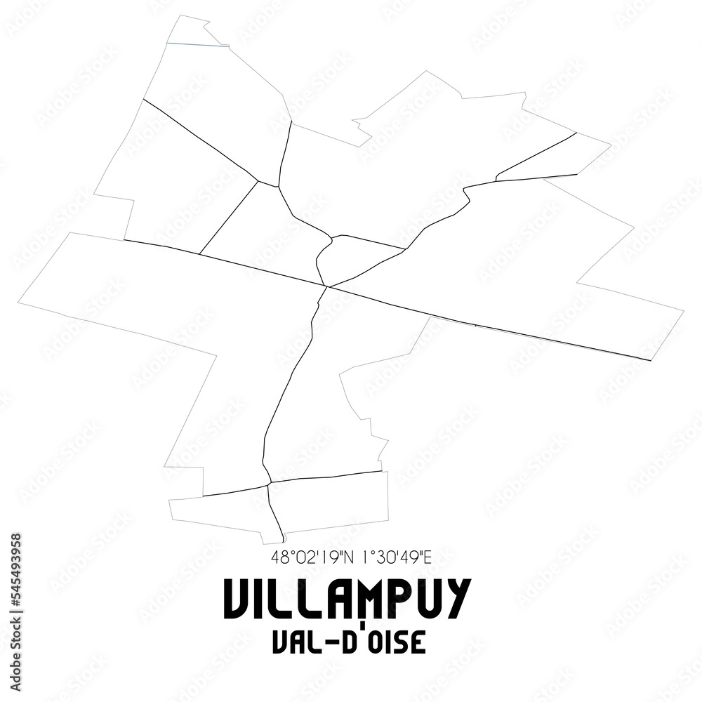 VILLAMPUY Val-d'Oise. Minimalistic street map with black and white lines.