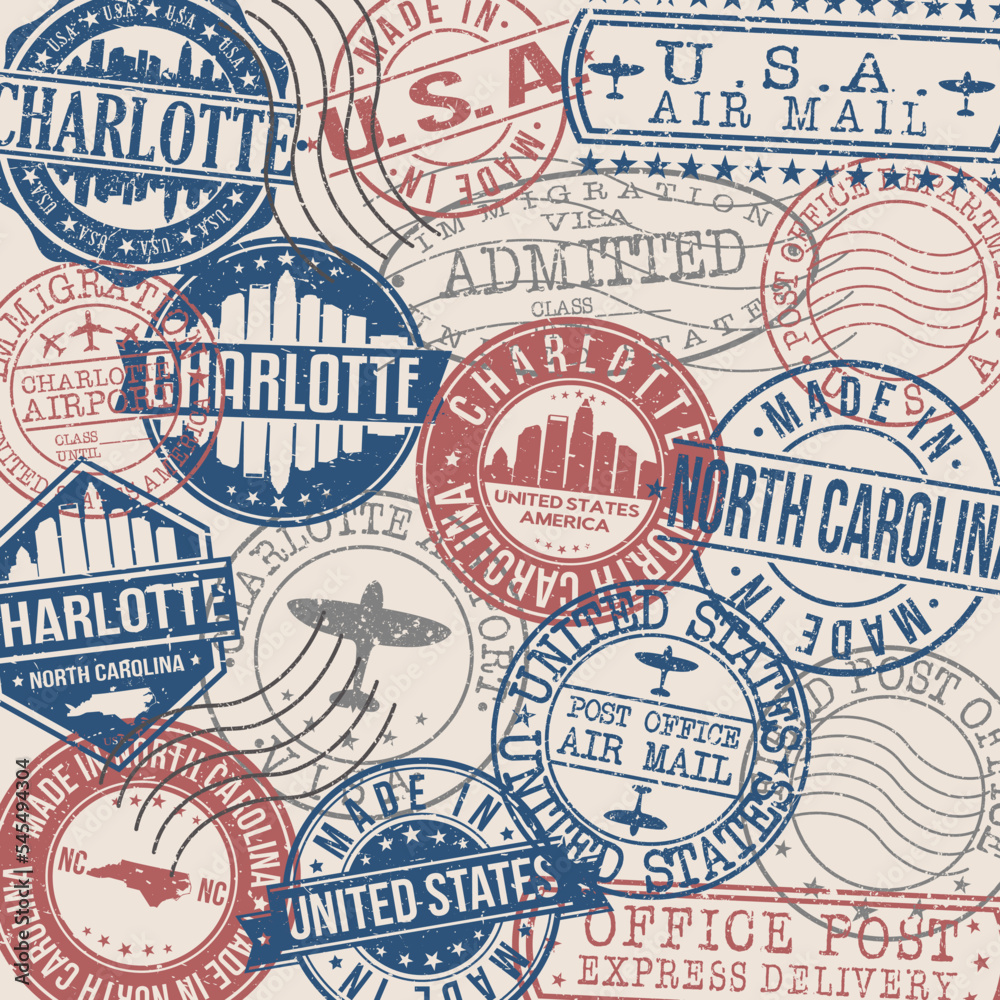 Charlotte, NC, USA Set of Stamps. Travel Stamp. Made In Product. Design Seals Old Style Insignia.