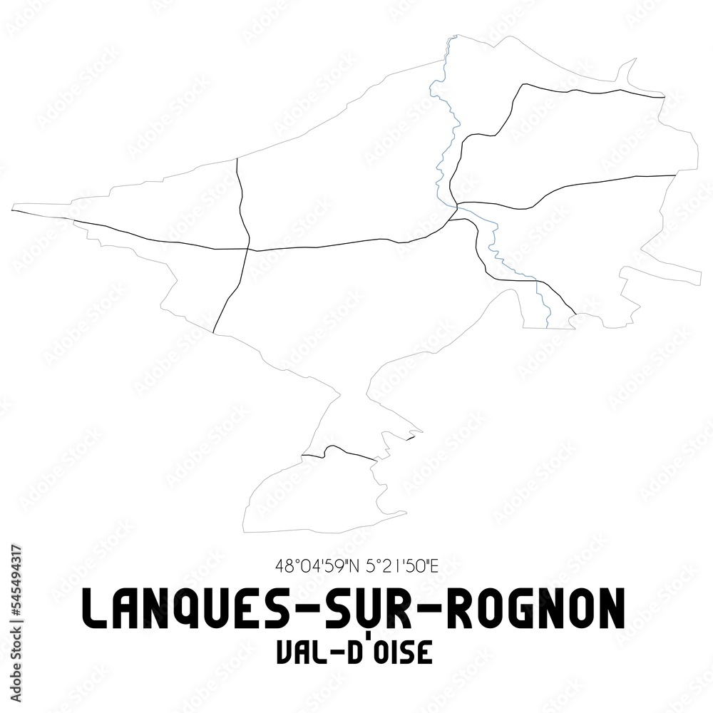LANQUES-SUR-ROGNON Val-d'Oise. Minimalistic street map with black and white lines.