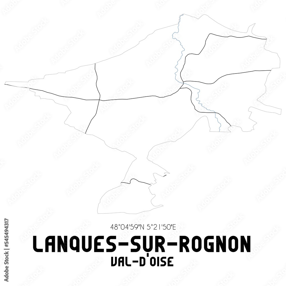 LANQUES-SUR-ROGNON Val-d'Oise. Minimalistic street map with black and white lines. LANQUES-SUR-ROGNON Val-d'Oise. Minimalistic street map with black and white lines.