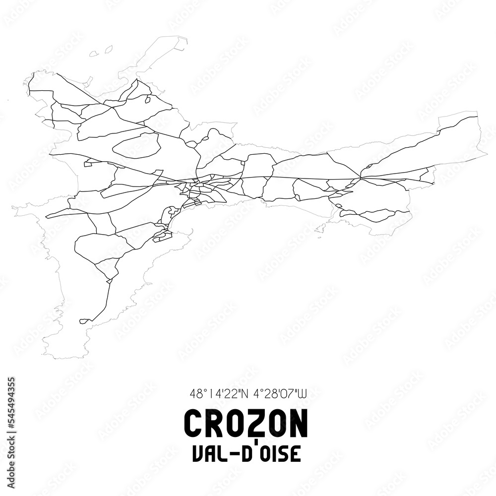 CROZON Val-d'Oise. Minimalistic street map with black and white lines. CROZON Val-d'Oise. Minimalistic street map with black and white lines.