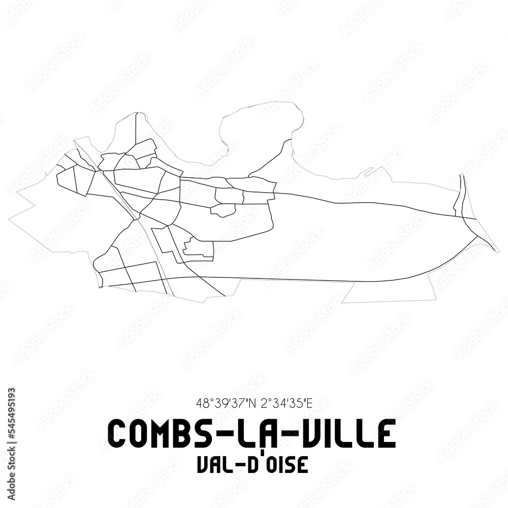 COMBS-LA-VILLE Val-d'Oise. Minimalistic street map with black and white lines.