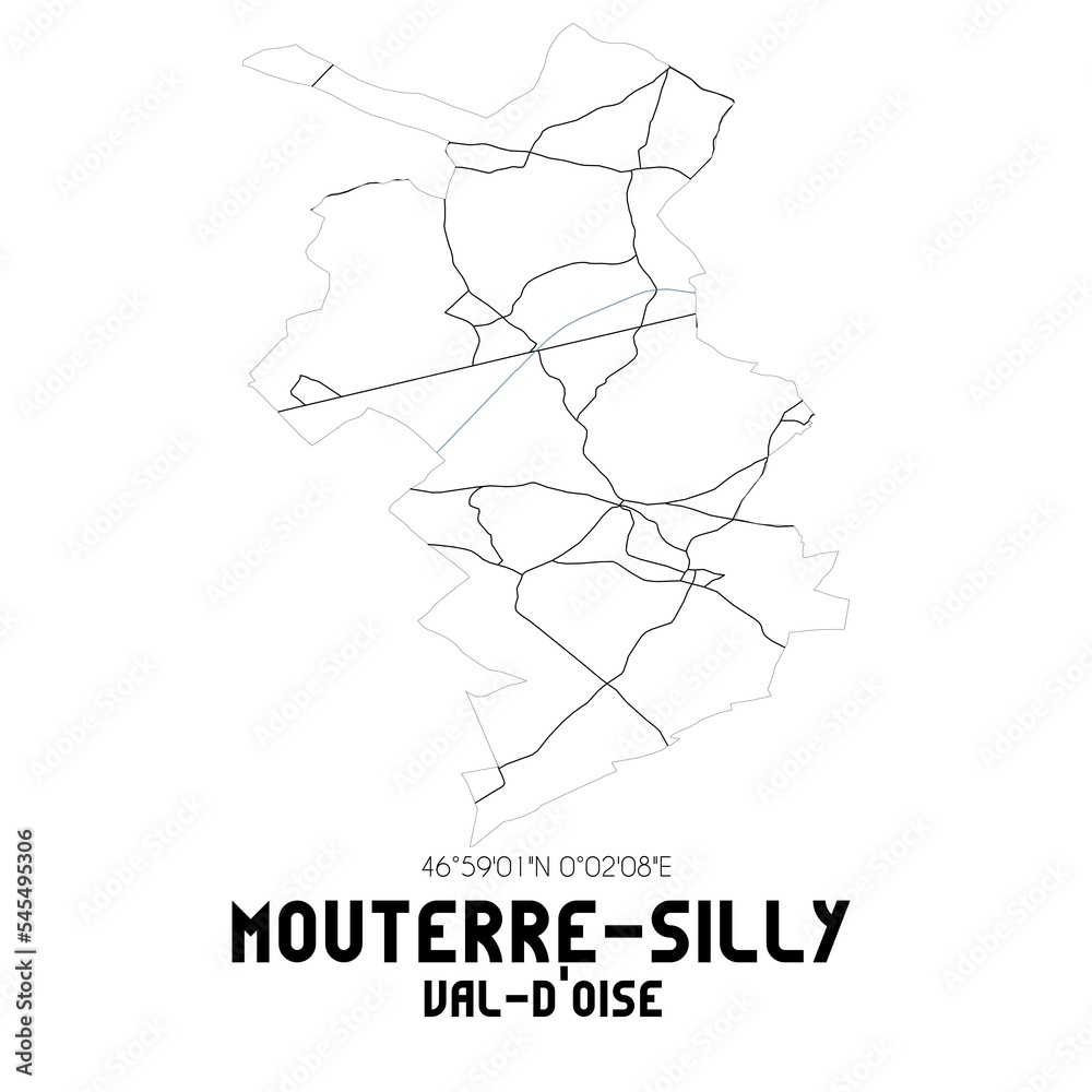 MOUTERRE-SILLY Val-d'Oise. Minimalistic street map with black and white lines.