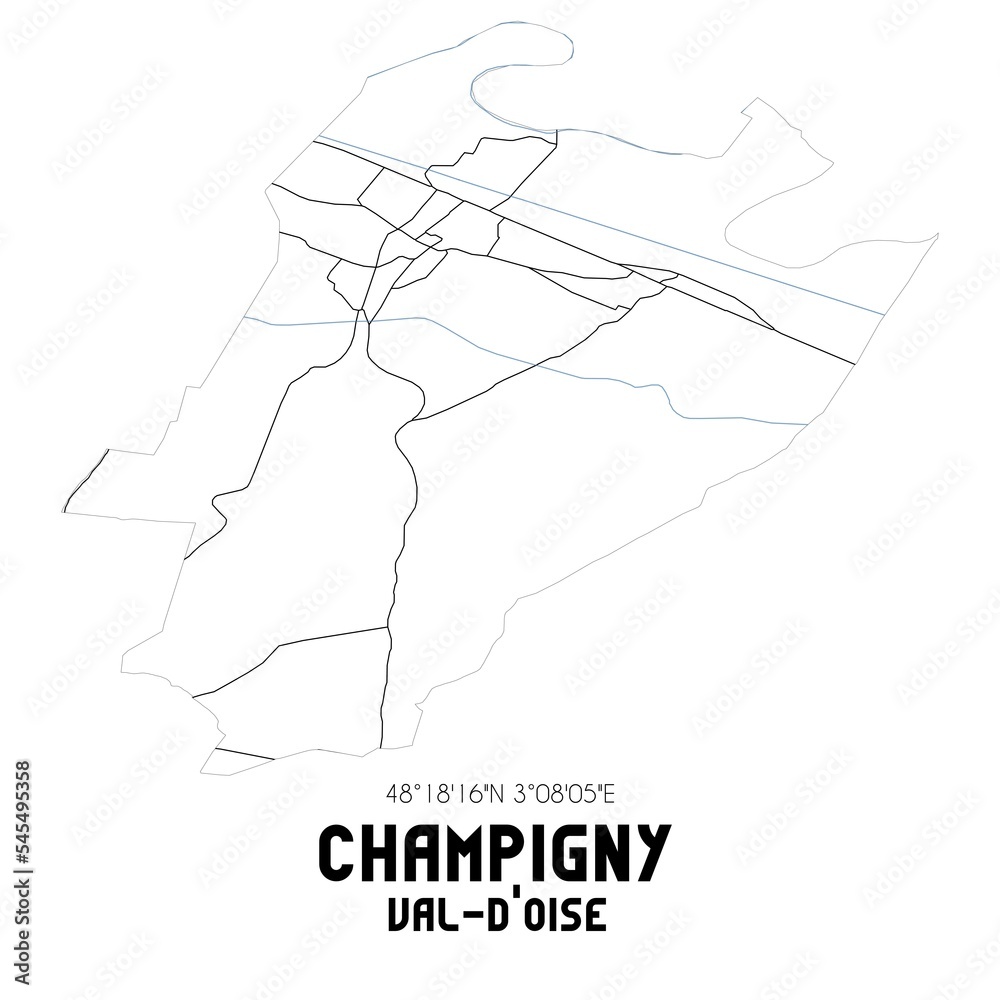 CHAMPIGNY Val-d'Oise. Minimalistic street map with black and white lines.