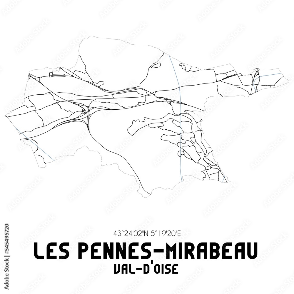 LES PENNES-MIRABEAU Val-d'Oise. Minimalistic street map with black and white lines.