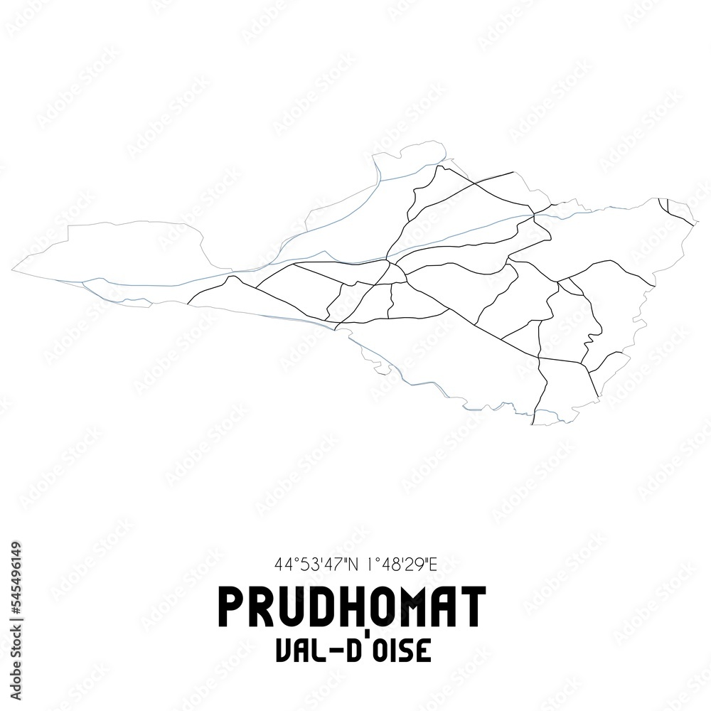 PRUDHOMAT Val-d'Oise. Minimalistic street map with black and white lines. PRUDHOMAT Val-d'Oise. Minimalistic street map with black and white lines.