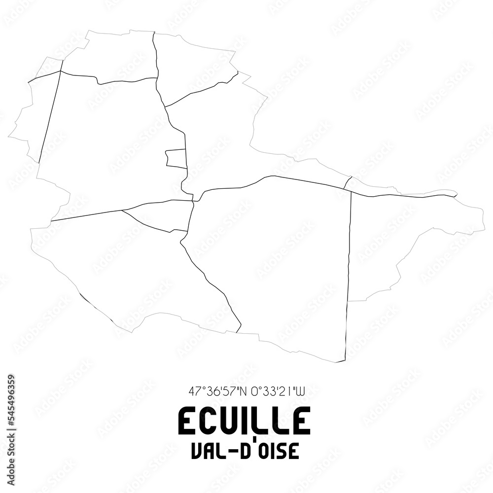 ECUILLE Val-d'Oise. Minimalistic street map with black and white lines.