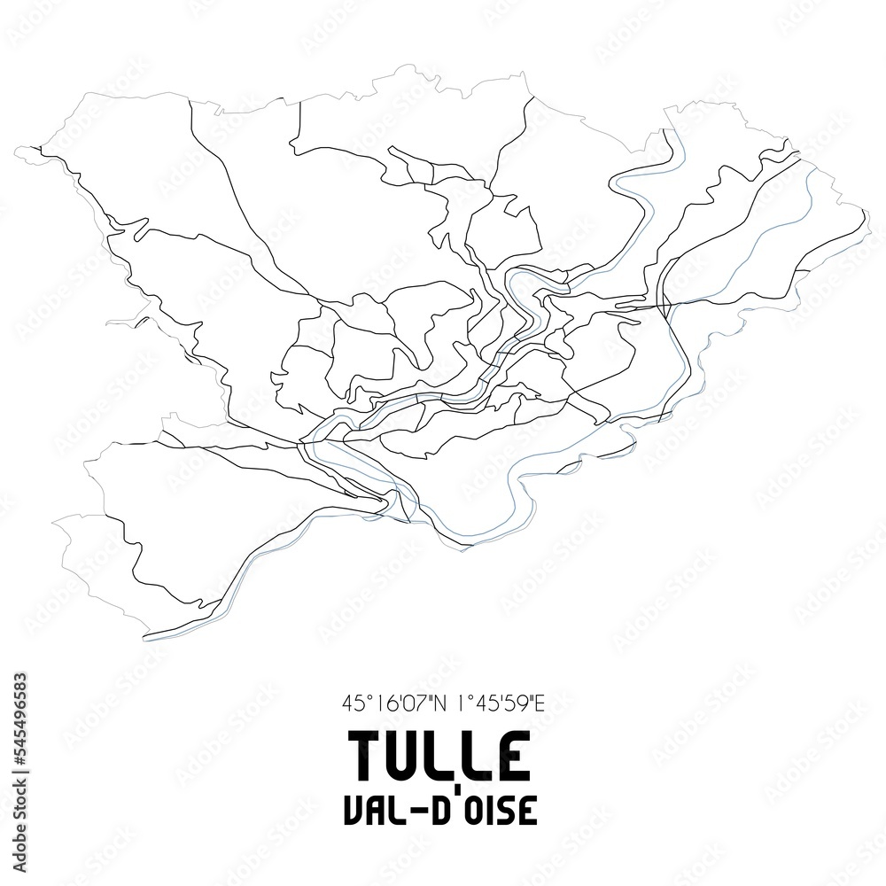 TULLE Val-d'Oise. Minimalistic street map with black and white lines.