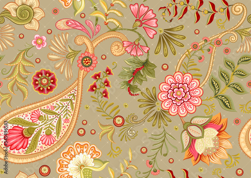 Fantasy flowers in retro, vintage, jacobean embroidery style. Paisley seamless pattern, background. Vector illustration on kraft paper background.